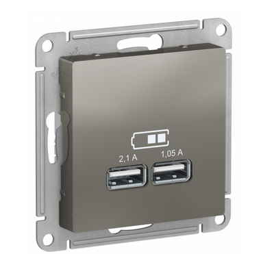 Schneider Electric AtlasDesign Сталь  Розетка USB, 5В, 1 порт x 2,1 А, 2 порта х 1,05 А, механизм ATN000933