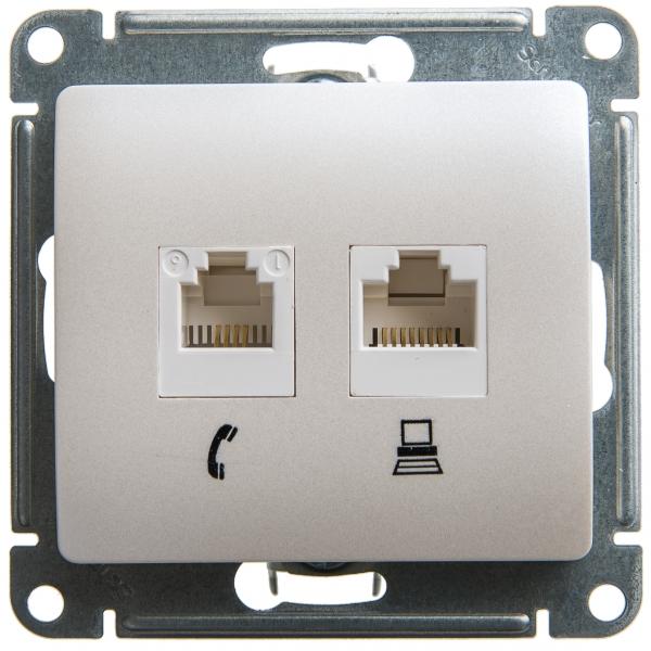 Schneider Electric Glossa Перламутр Розетка 2-местная компьютерная RJ45+RJ45, категория 5E, механизм IP20 скрытая установка GSL000685KK