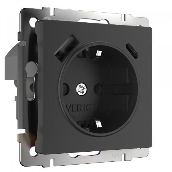 Werkel W1171708/ Розетка с заземлением, шторками и USB тип A+C (черный) a056275