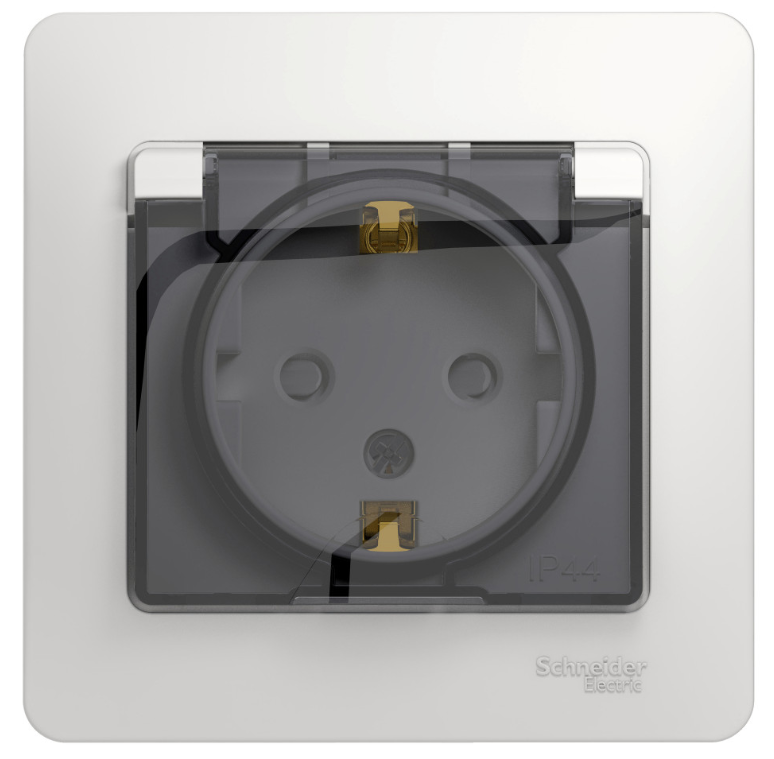 Schneider Electric Glossa  Белый Розетка с заземляющими контактами со шторками с крышкой IP44, в сборе с рамкой  скрытая установка GSL000148