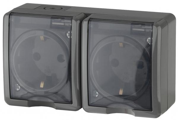 ЭРА  Эксперт  Серый  Розетка 2х2P+E IP54, со шторками 16АХ-250В, открытая установка  11-2404-03 Б0020719