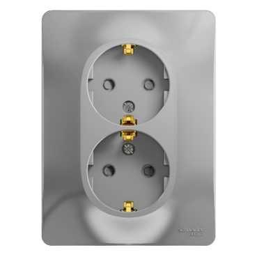 Schneider Electric Glossa Алюминий Розетка 2-местная с заземляющими контактами со шторками в сборе с рамкой IP20 скрытая установка GSL000326