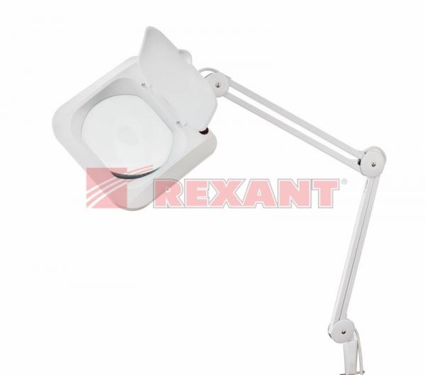 Лупа на струбцине квадратная настольная 5Х с подсветкой с крышкой, белая  REXANT 31-0212