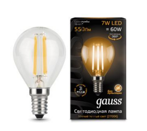 Светодиодная лампа  Gauss  G45   7Вт  150-265В  2700K  E14  филамент.