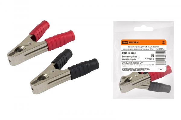 Зажим крокодил 100А 105мм ЗК в изоляции красный/черный  (1шт+1шт) TDM