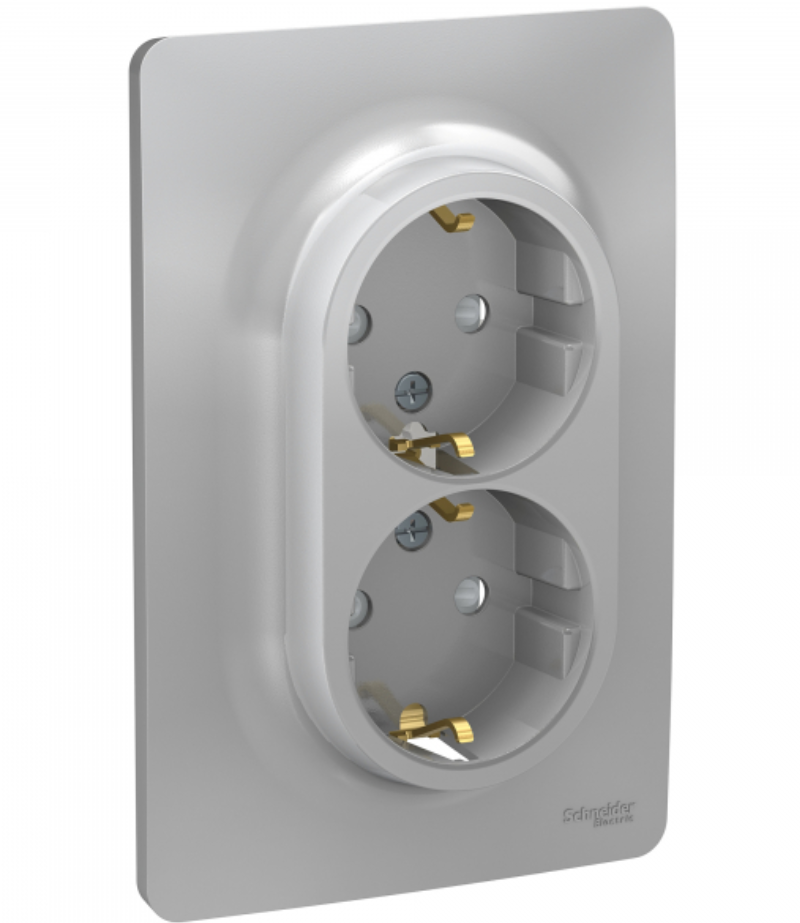 Schneider Electric Unica NEW Алюминиий Розетка 2-местная в сборе с рамкой с заземляющими контактами, без шторок, с быстрозажимными  клеммами,16 А, 250 В  NU206730