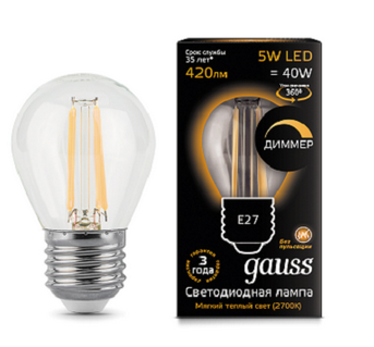 Светодиодная лампа  Gauss  G45   5Вт  185-265В  2700K  E27  филамент. диммир.