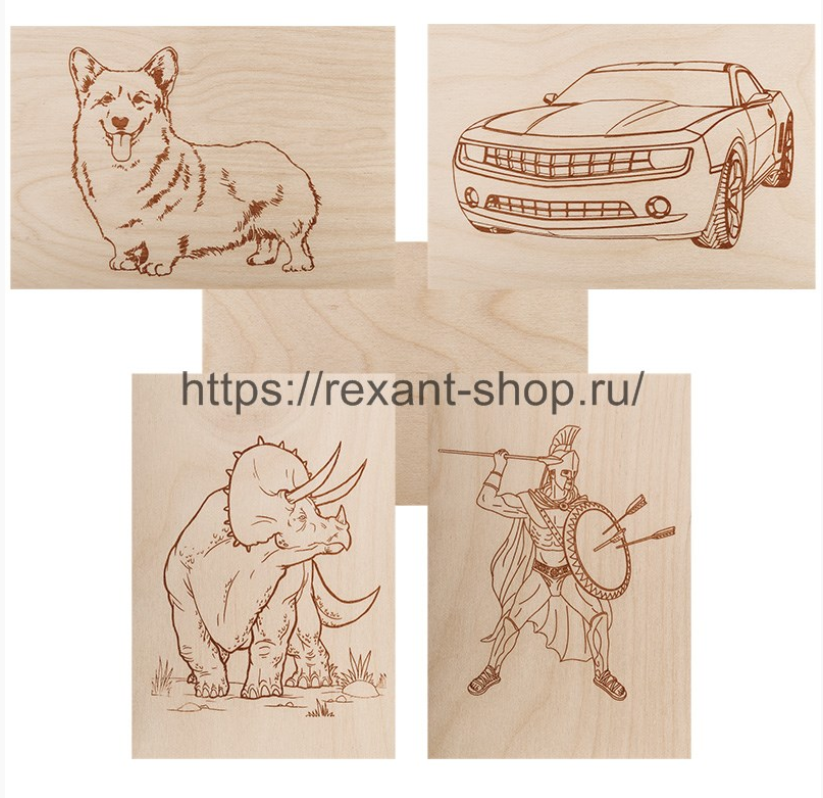 Доски для выжигания REXANT, «Набор №2» (воин/динозавр/собака/машина/без рисунка), 148х210 мм (А5), 5 шт., пакет 12-0937