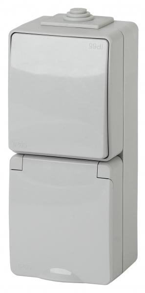 ЭРА  Эксперт  Серый  Блок розетка+выключатель вертикальный IP65, 16A(10AX)-250В, открытая установка   11-7607-03 Б0035998