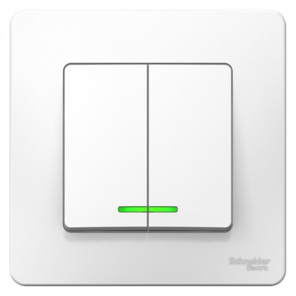 Schneider Electric  BLANCA  Белый  Выключатель 2-клавишный (cхема 5) с подсветкой 10А, 250B, IP20  скрытая установка BLNVS010511