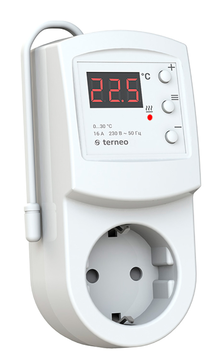 Терморегулятор Terneo rz в розетку. Цифровой, для инфракрасных панелей и конвекторов. Оснащен таймером включения и счетчиком времени работы под нагрузкой.