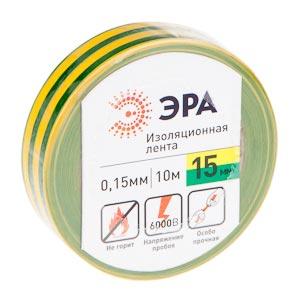 Изолента ПВХ желто-зеленая 15мм 10м  ЭРА