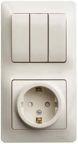 Schneider Electric Glossa  Бежевый Блок: розетка с заземляющими контактами со шторками и 3-клавишный выключатель IP20 скрытая установка GSL000278