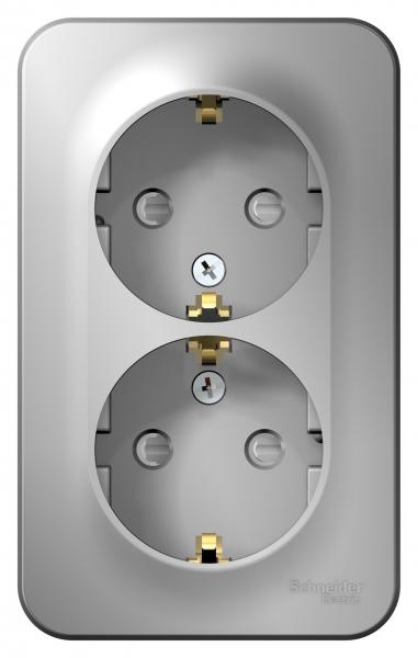 Schneider Electric  BLANCA  Алюмин.  Розетка 2-местная с заземляющими контактами со шторками, 16А, 250В, открытая установка BLNRA011203
