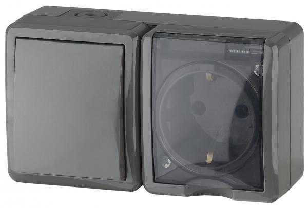 ЭРА  Эксперт  Серый  Блок розетка + выключатель IP54, 16АХ(10AX)-250В, открытая установка  11-7401-03 Б0020734