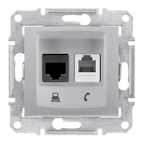 Schneider Electric Sedna Алюминий Розетка механизм телефоная + компьютерная RJ11 + RJ45 категория 5е, неэкранированная UTP с пружинными зажимами IP20 скрытая установка SDN5100160