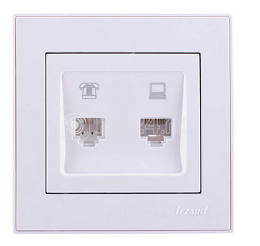 Lezard  Rain  Белый Розетка Механизм телефонная + компьютерная  СП  703-0288-143