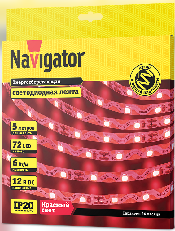Navigator Лента  IP20  12V   6Вт/м  красный  14 472 NLS-2835RST72-6-IP20-12V (кратно 5)