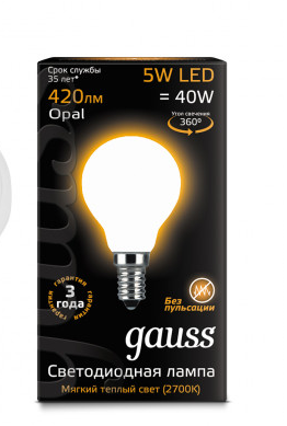 Светодиодная лампа  Gauss  G45   5Вт  150-265В  2700K  E14  филамент.