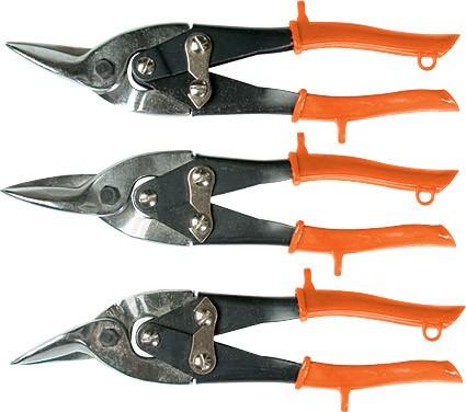 Ножницы по металлу SPARTA 250 мм, обрезиненные рукоятки, 3 штуки,  ( в комплекте  - прямые, левые, правые)