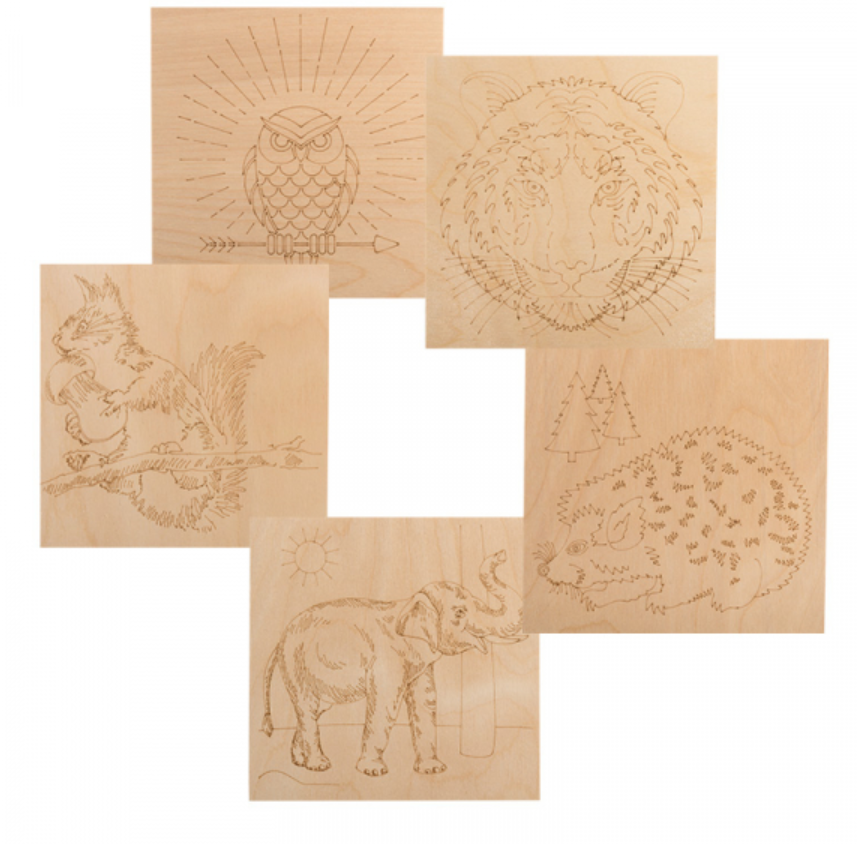 Доски для выжигания REXANT, «Животные», 150х150 мм, набор 5 шт. (Белка/Слон/Сова/Ежик/Тигр), пакет 12-0928