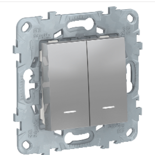 Schneider Electric Unica NEW Алюминий Выключатель 2-клавишный, 2 модуля, с подсветкой 2 х схема 1а, NU521130N