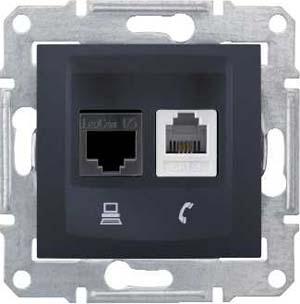 Schneider Electric Sedna Графит Розетка механизм телефоная + компьютерная RJ11 + RJ45 категория 6, неэкранированная UTP с пружинными зажимами IP20 скрытая установка SDN5200170