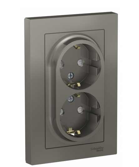 Schneider Electric AtlasDesign Сталь  Розетка 2-местная с заземляющими контактами со шторками 16А, в сборе ATN000926