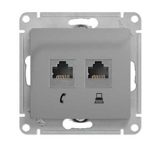 Schneider Electric Glossa Алюминий Розетка 2-местная компьютерная RJ45+RJ45, категория 5E механизм IP20 скрытая установка GSL000385KK