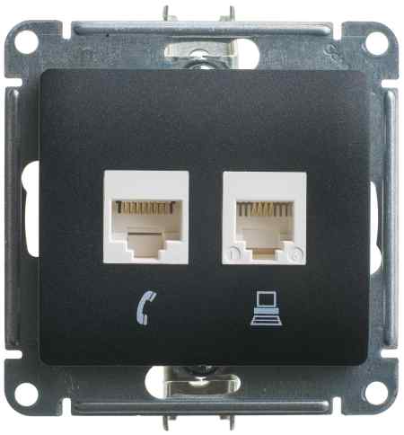 Schneider Electric Glossa Антрацит Розетка 2-местная RJ11+RJ45, категория 5E, механизм IP20 скрытая установка GSL000785