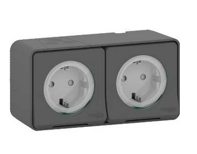 Schneider Electric Mureva Styl  Антрацит Розетка в сборе 2-местная с заземляющими контактами, и шторками открытая установка IP55 (быстрозажим) MUR36029