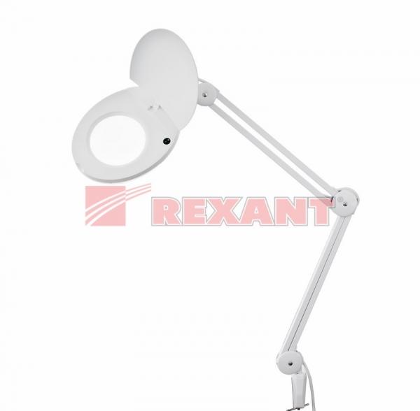 Лупа на струбцине круглая настольная 5Х с подсветкой с крышкой, белая   REXANT 31-0222