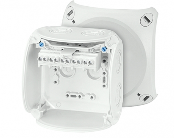 Коробка ответвительная, стойкая KF 0404 G -  к УФ, "всепогодная", IP 66/67, размер 104х104х70, цвет светло-серый, материал поликарбонат, преднамеченные выбиваемые отверстия на 7 вводов М20/M25, 5-полюсный клеммник от 1,5 - 6 (f/sol) мм2, кабельные вв