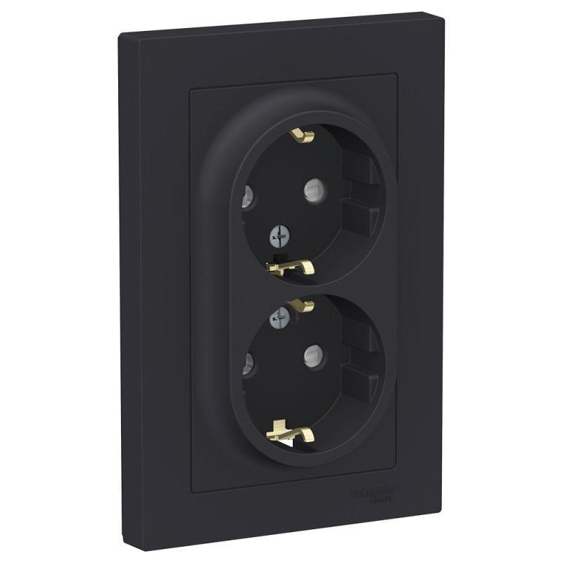 Розетка 2-м СП AtlasDesign 16А IP20 с заземл. защ. шторки в сборе карбон SchE ATN001026
