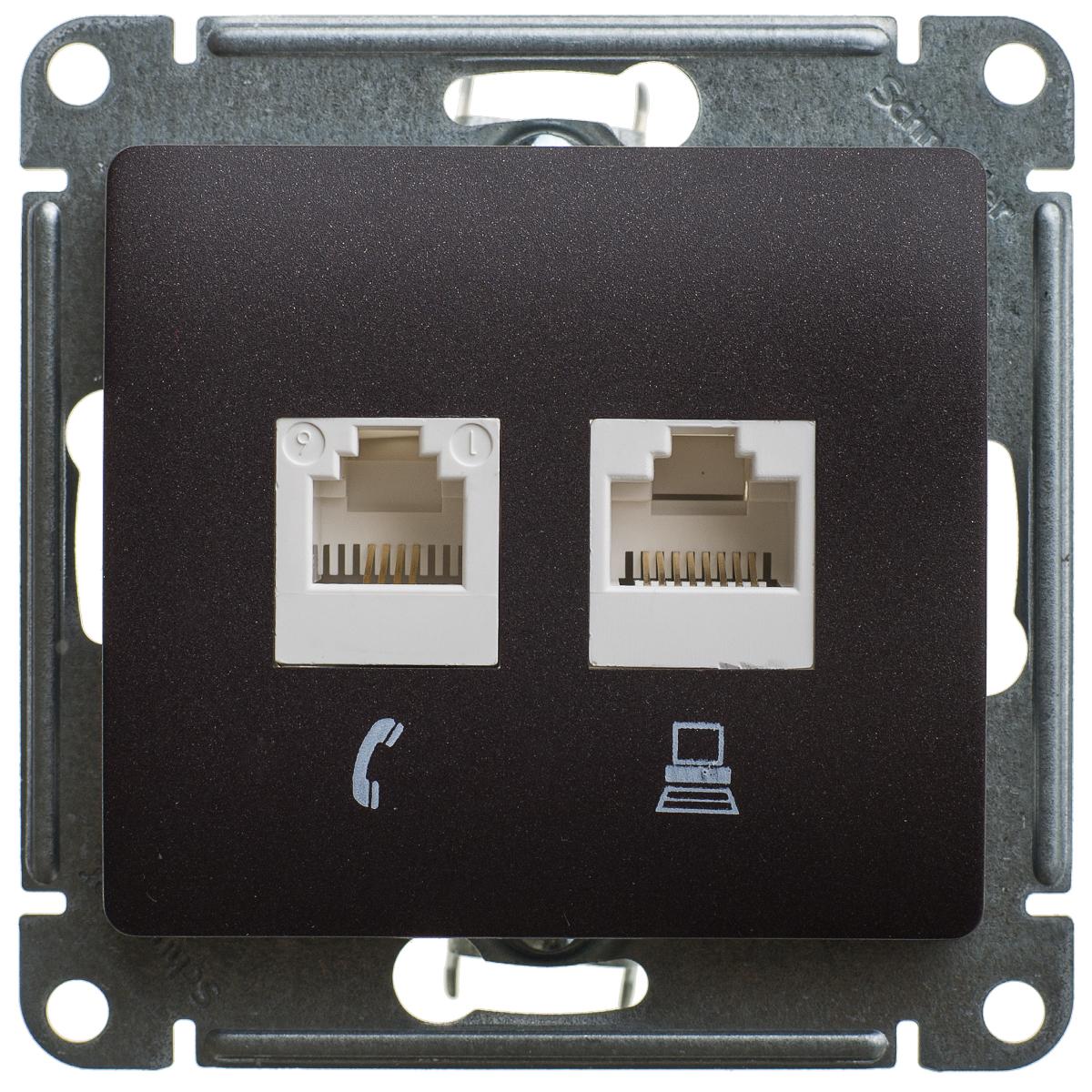 Schneider Electric Glossa Шоколад Розетка 2-местная RJ11+RJ45, категория 5E, механизм IP20 скрытая установка GSL000885