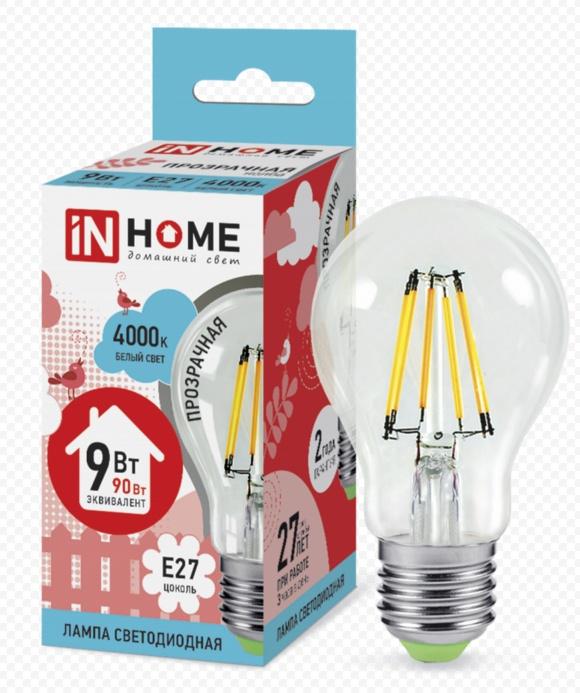 Светодиодная лампа  IN HOME  A60  9Вт  230В  3000К  Е27  филамент