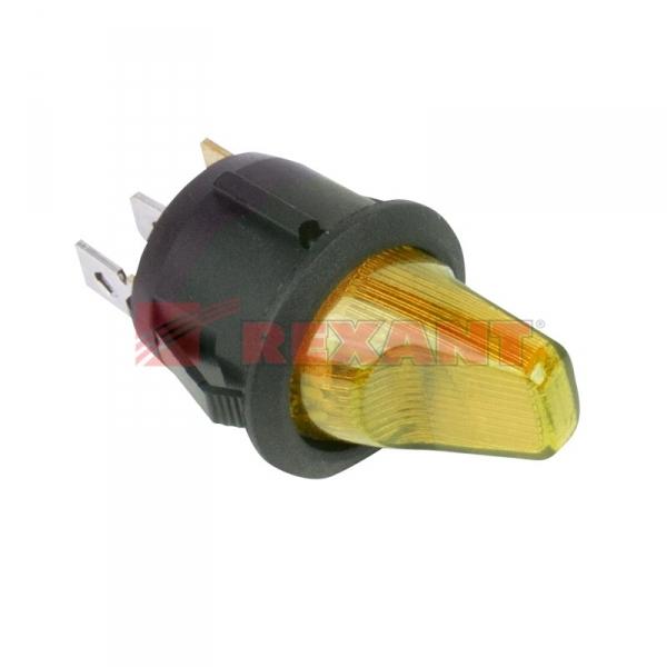 Выключатель клавишный круглый 12V 16А (3с) ON-OFF желтый  с подсветкой  (RWB-224, SС-214)  REXANT 36-2592