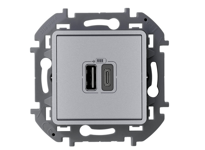 Legrand INSPIRIA Алюминий Розетка 2-местная USB A-C IP20 скрытая установка 673762
