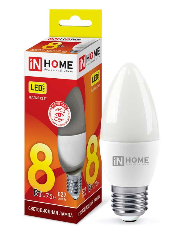Лампа светодиодная LED-СВЕЧА-VC 8Вт свеча 230В E27 3000К 760лм IN HOME 4690612020440