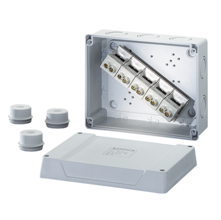 Коробка ответвительная, в комплекте с 3 сальниками ESM 40, размер 160х200х98, цвет серый, материал полистирол, преднамеченные выбиваемые отверстия на 10 вводов  M32/40,  герметичная зона 17-30мм,  5-полюсный клеммник 10-25/35 мм2, IP 55 (ESM) K 9255