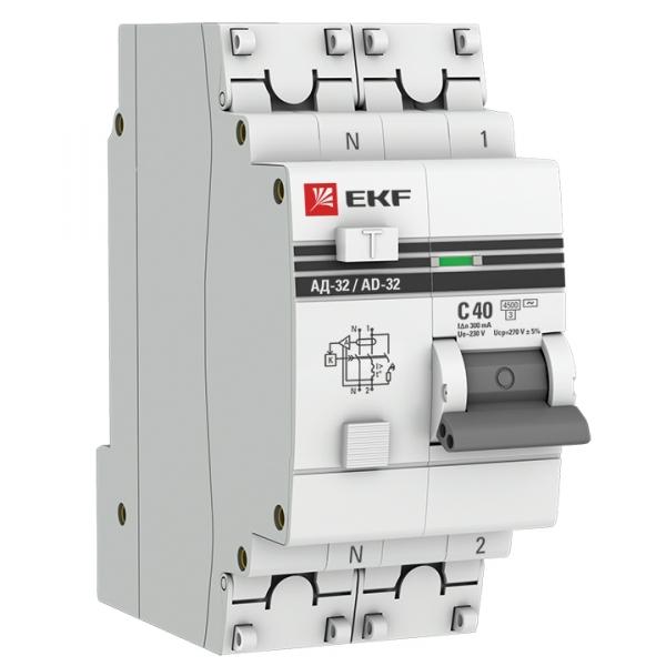 Дифференциальный автомат  1П+N  40А 300мА  EKF  PROxima  характеристика C  тип AC  4,5кА  электронная защита 270В  АД-32