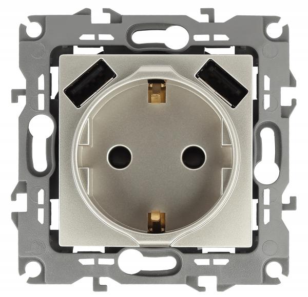 12-4109-04  ЭРА Розетка 2P+E 16A-250В, штор. с 2xUSB 5В-3А, Эра12, шампань
