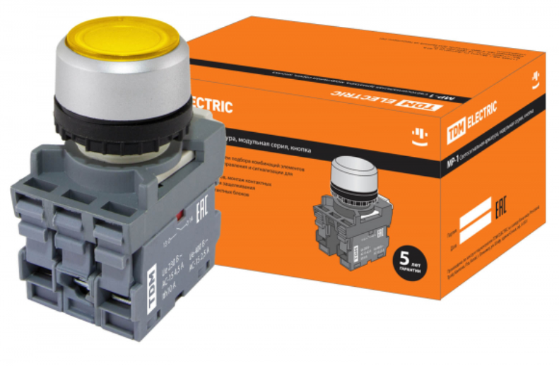 Кнопка MP1-21Y(LED) в сборе d22мм/24В 1з+1р желтая TDM