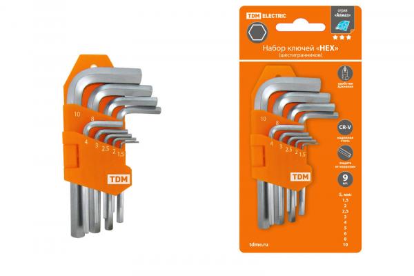 Набор ключей имбусовых TDM HEX (шестигранники), 9 штук 1.5-10мм, короткие, (держатель в блистере), CR-V сталь "Алмаз"
