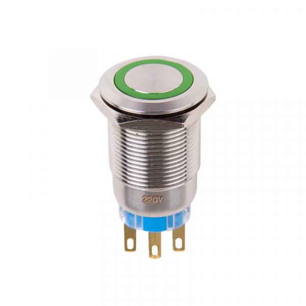 Кнопка  антивандальная Ø19 12В Б/Фикс (5с) (ON)-OFF/(OFF)-ON зеленая (A19-C1) REXANT 36-3433