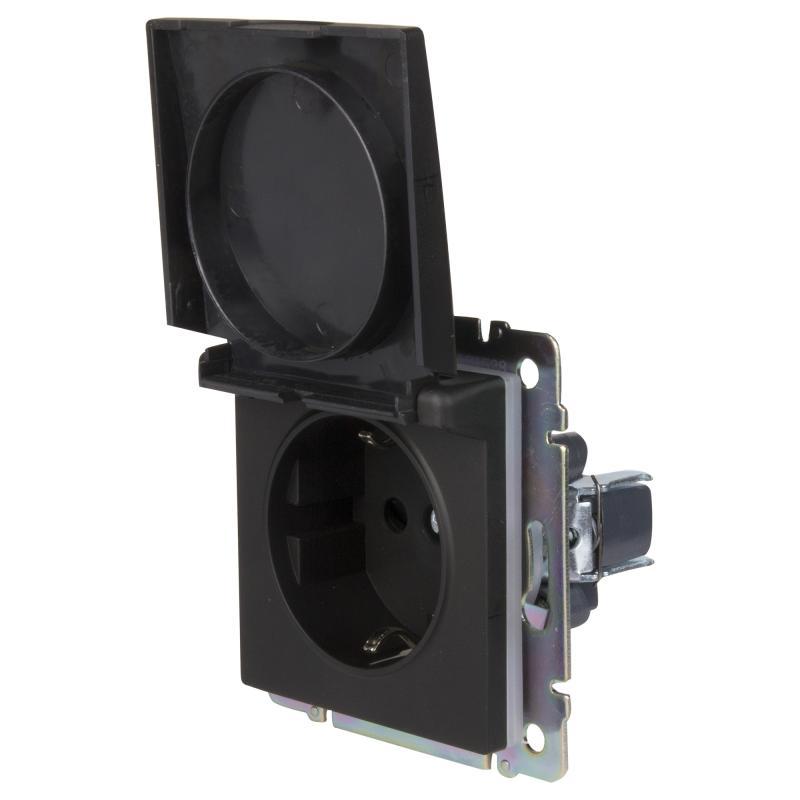 Werkel Черный Матовый Розетка Механизм влагозащищенная с заземляющими контактами с защитной крышкой и шторками WL08-SKGSC-01-IP44