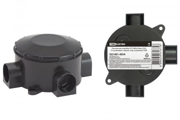 Коробка распаячная ОП D80х35мм, IP42, 3-х рожковая, черная, инд. штрихкод TDM