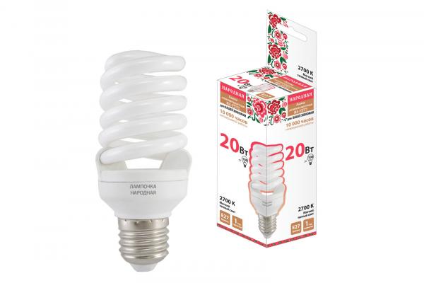 Компактная люминесцентная лампа TDM НАРОДНАЯ НЛ-FSТ2-20 Вт-2700 К–Е27 спираль